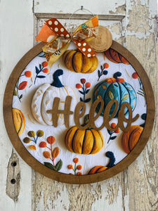 Pumpkin Embroidery Printed Door Hanger, Fall Decor, Unique Wood Sign, Canvas