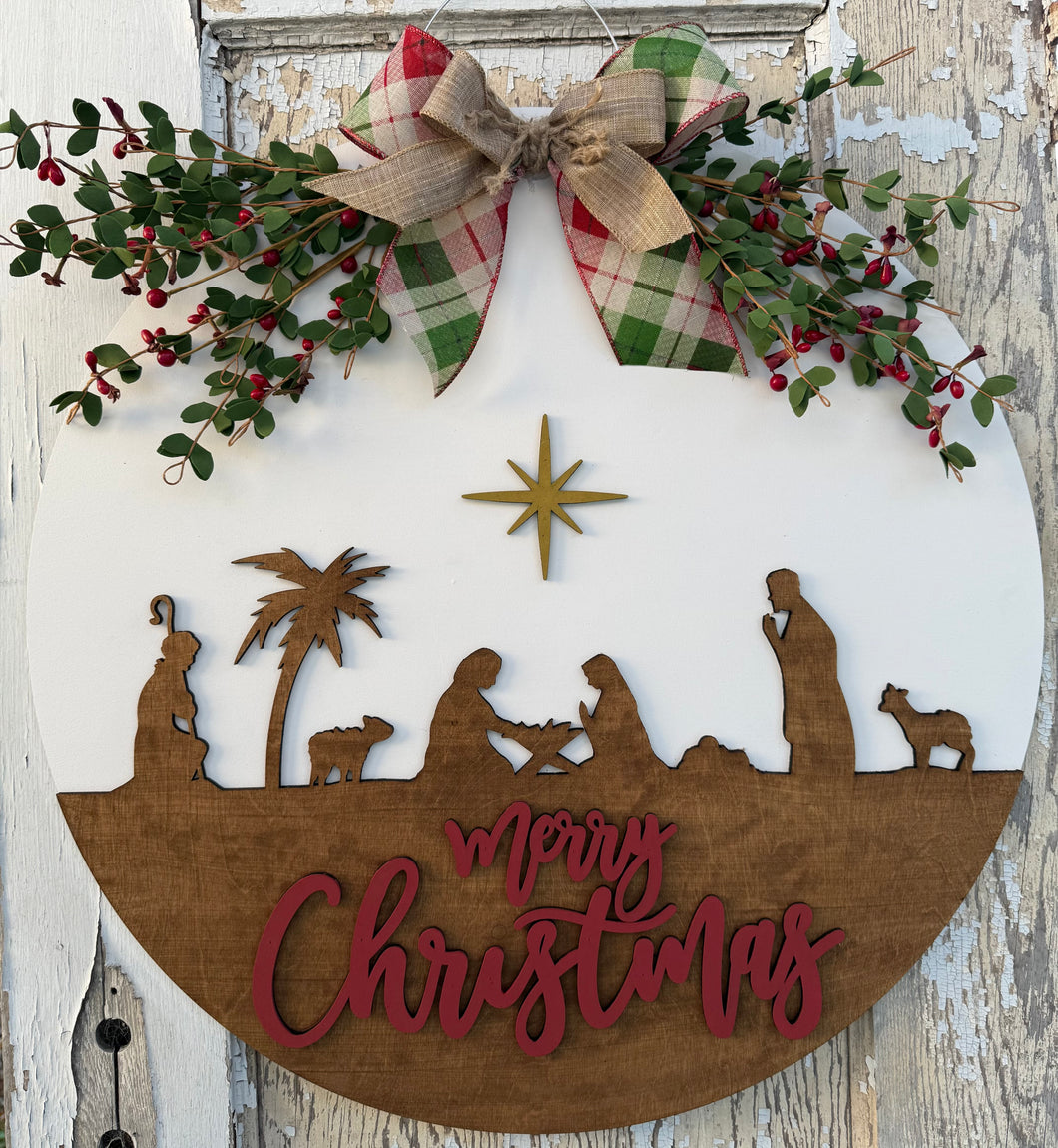 Nativity Merry Christmas Door Hanger, Jesus Christmas, Wood Sign