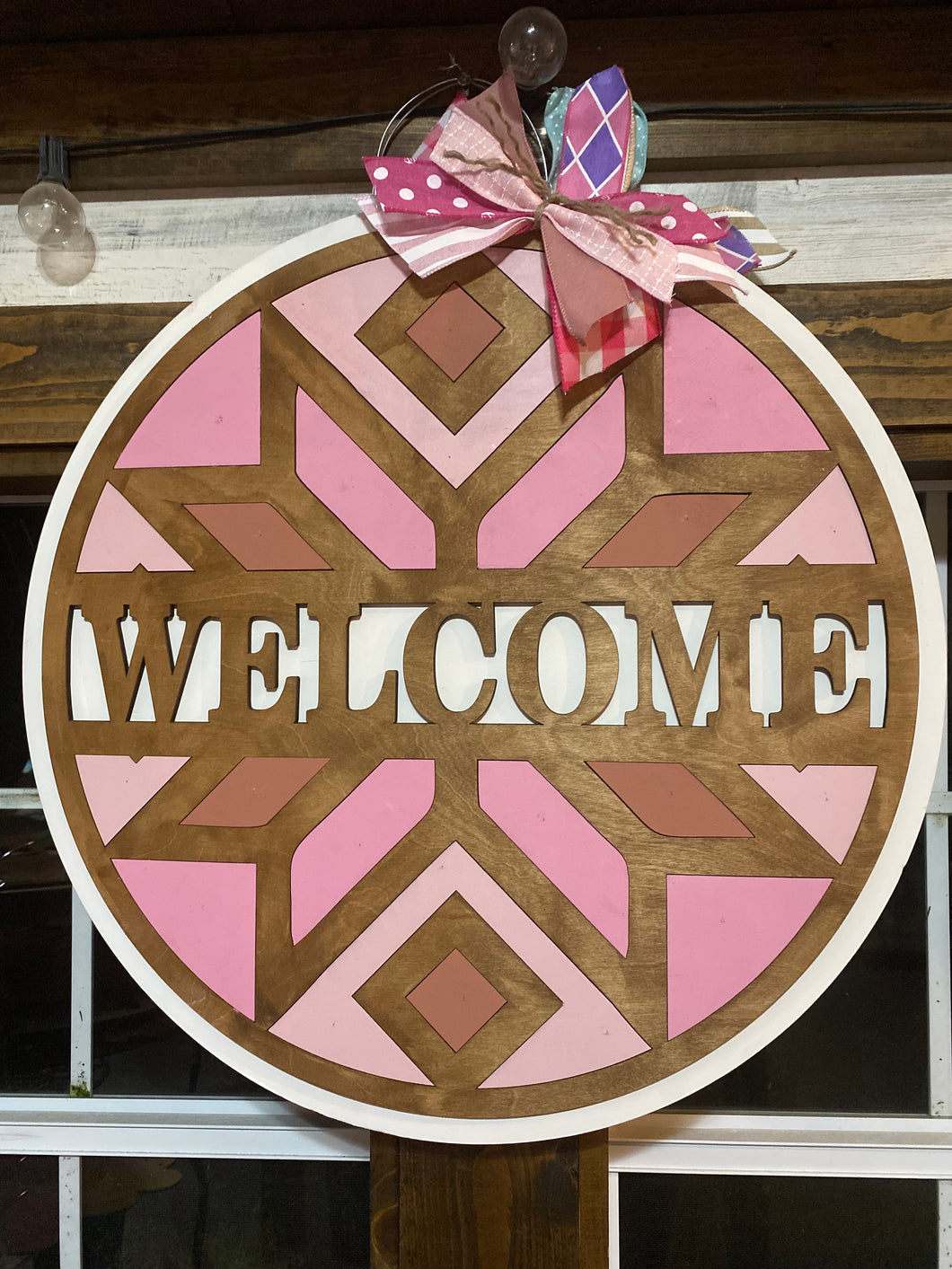 Pink Quilt Style Welcome Door Hanger