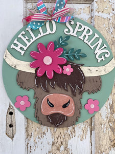 Hello Spring Highland Cow Door Hanger