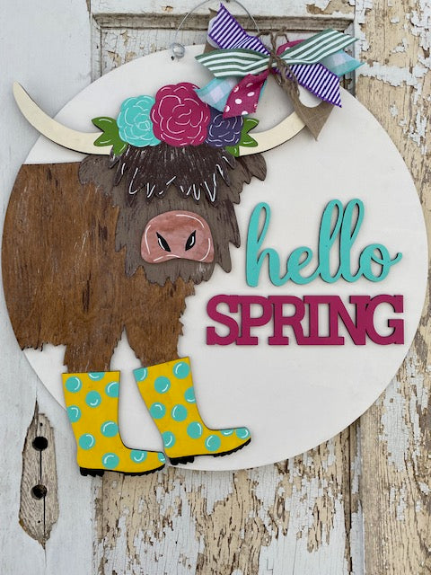 Hello Spring Rainboot Cow Door Hanger